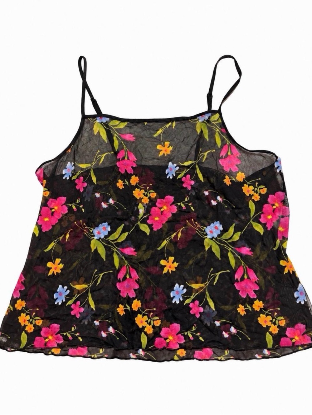 Sheer Black Floral Spaghetti Strap Tank Top - Pink & Blue Floral